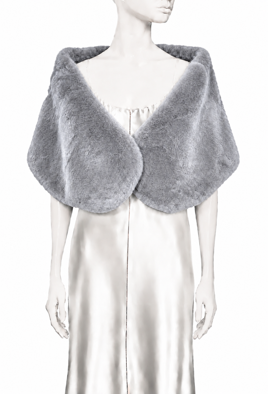 Pewter faux fur shrug with draped V-neck and wide collar, button-front design