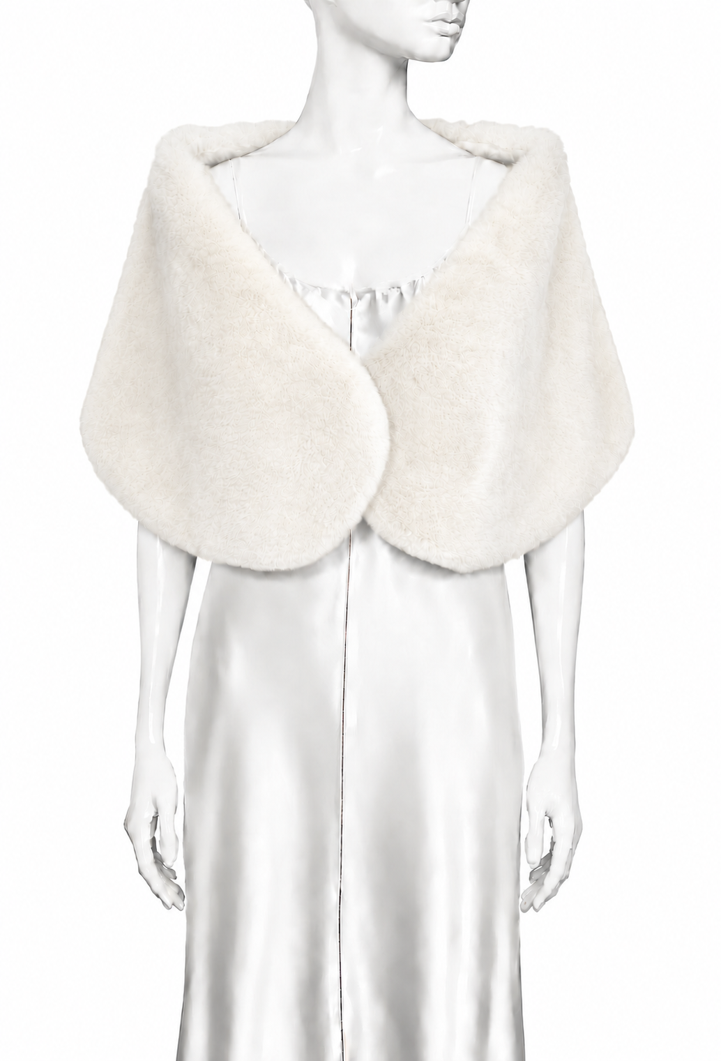 Faux fur shrug in winter white, open-front drape with wide shoulder collar