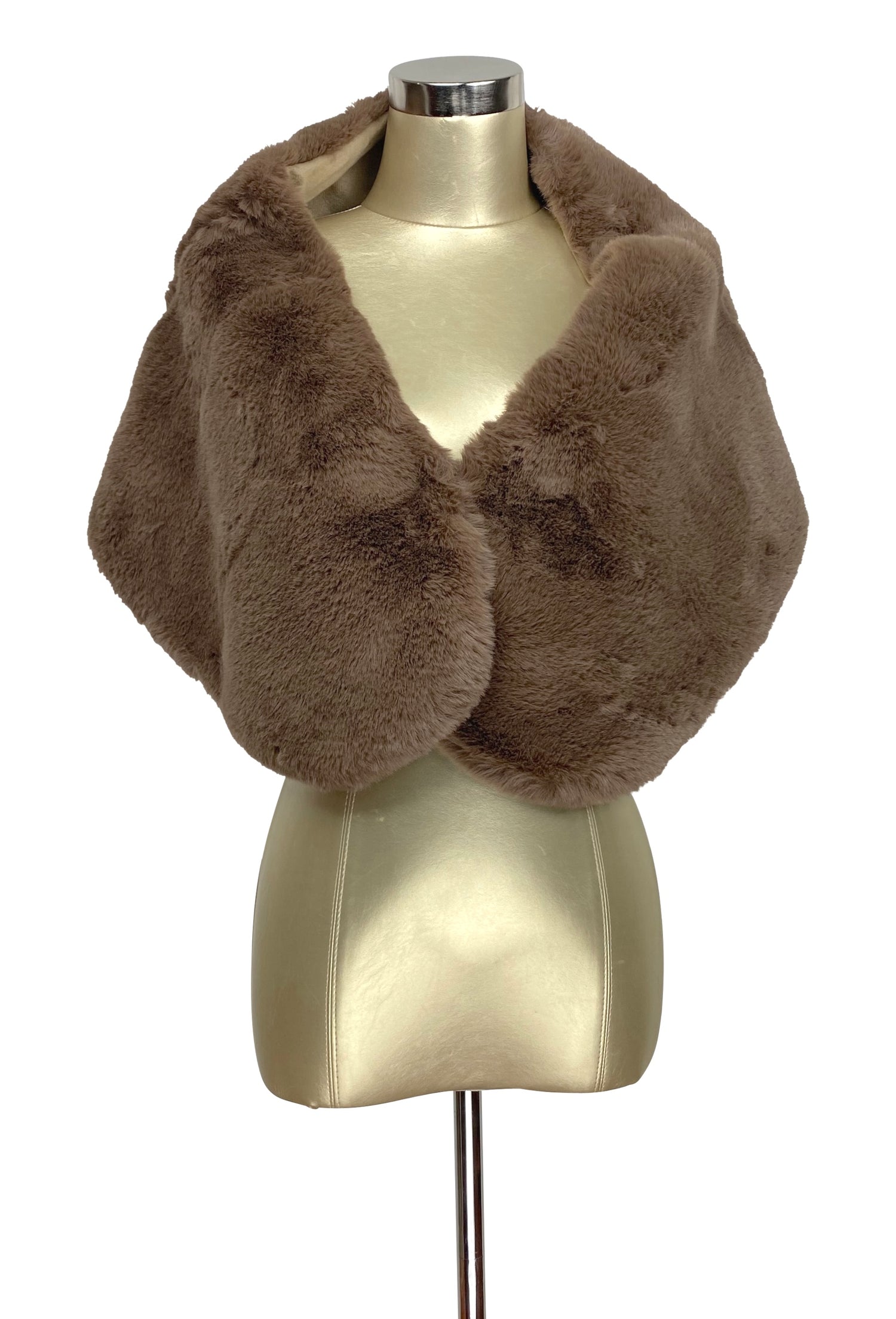 Dark brown faux fur shrug wrap with wide collar and cropped sleeves.