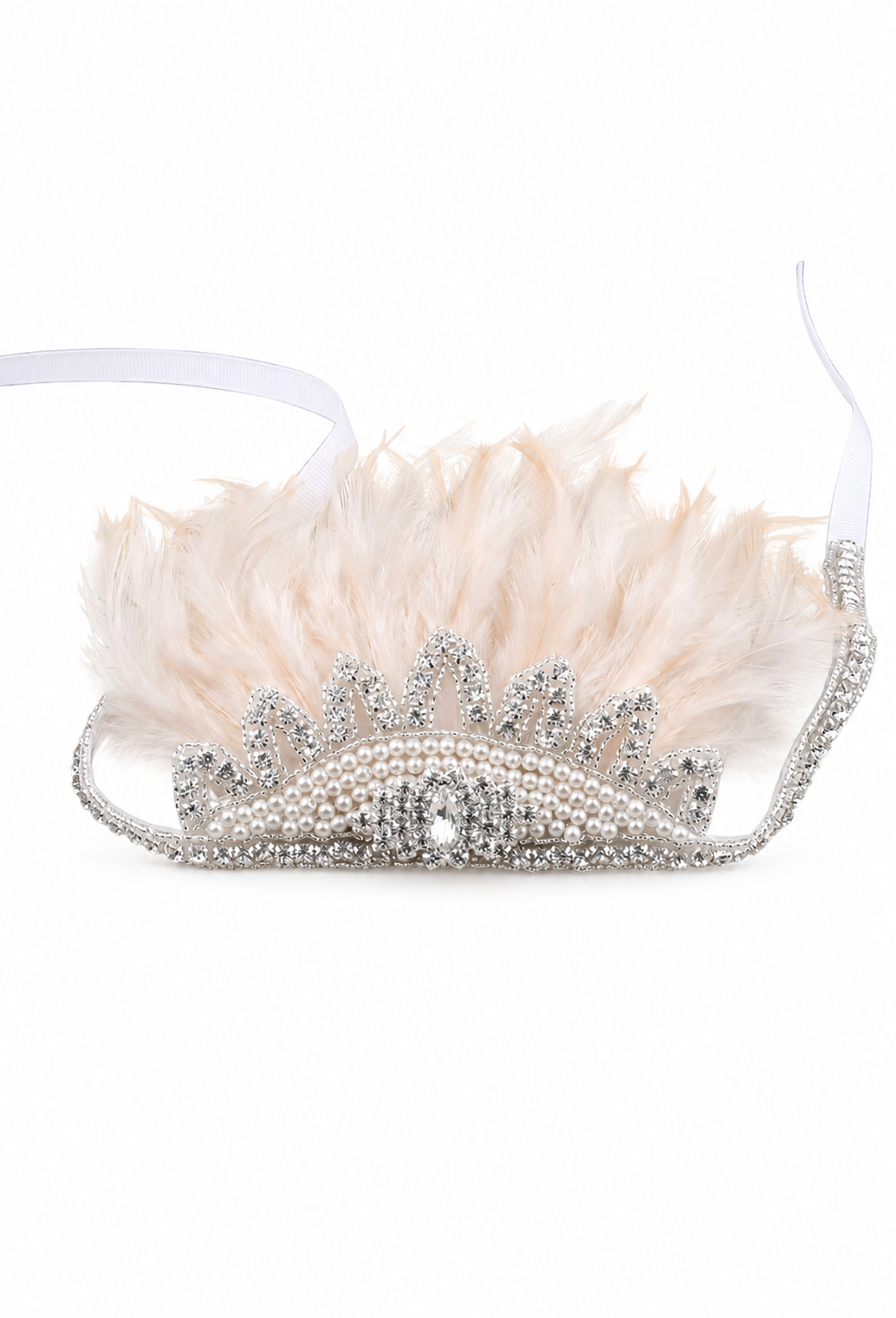 Champagne ivory feather crown with rhinestone tiara center and ribbon ties