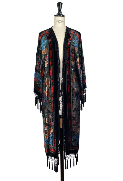 Embroidered floral kimono with open front and long tassel fringe, black with multicolor accents