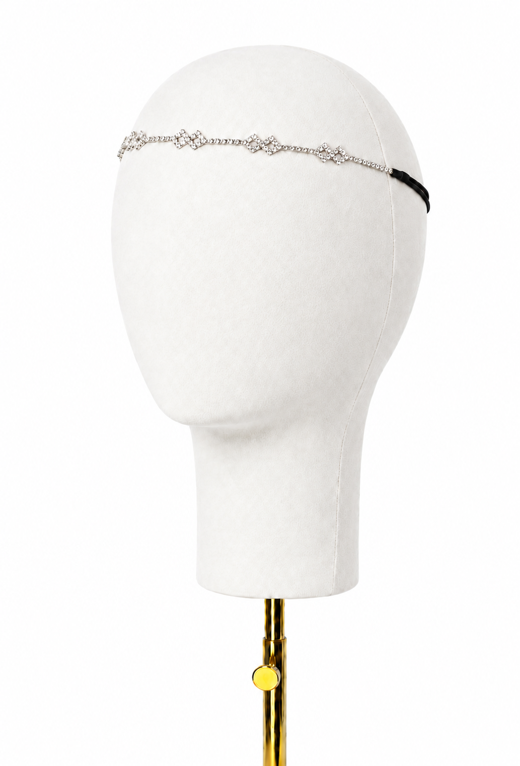 Silvertone diamond-style chain headband with black ribbon ends, side view