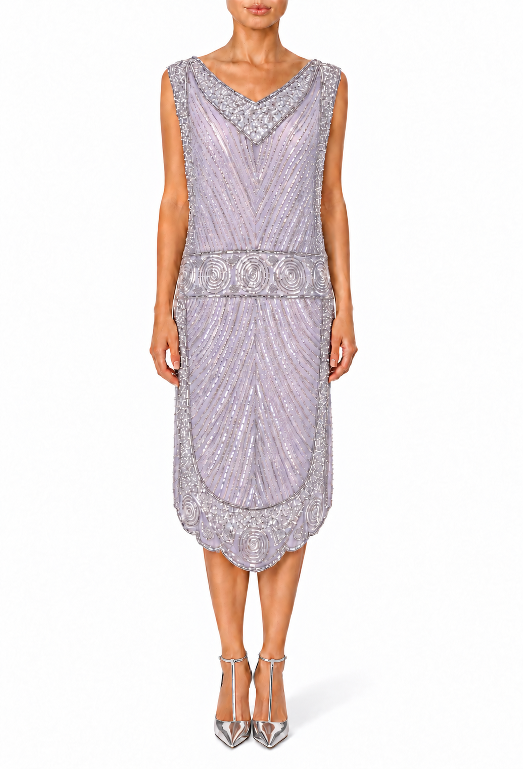 Lilac beaded knee-length dress with a V-neck, embellished waist, and scalloped hem