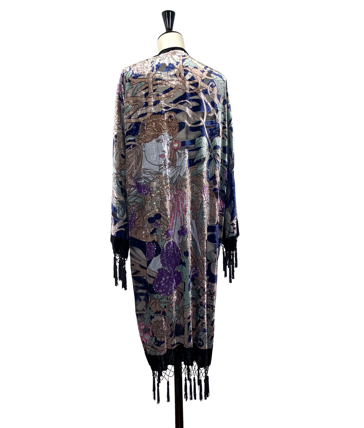 Back view velvet kimono with multicolor goddess print and dangling fringe at hem