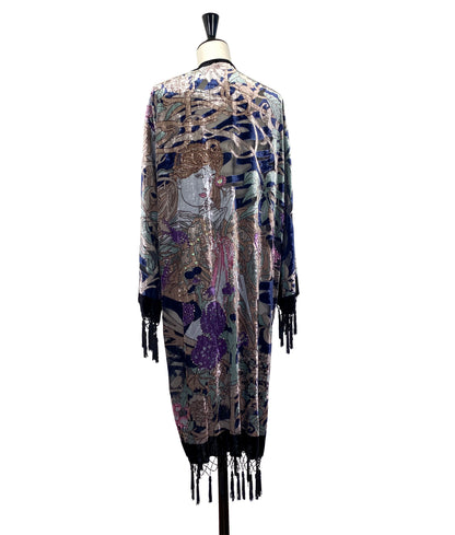 Back view velvet kimono with multicolor goddess print and dangling fringe at hem