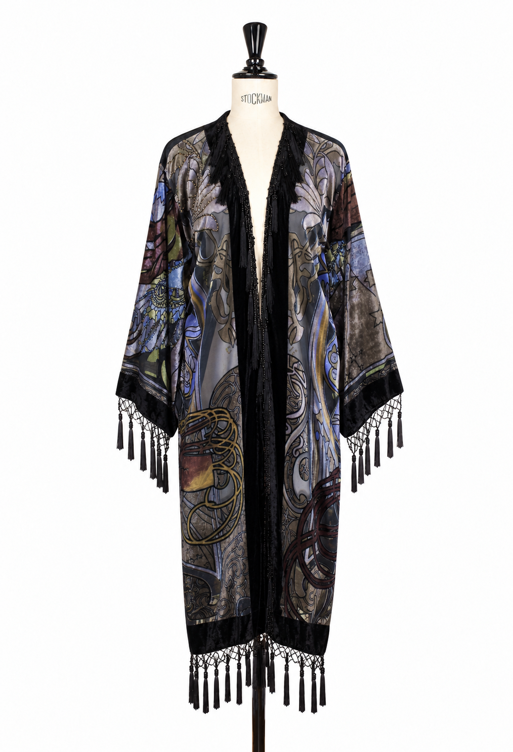 Black velvet kimono with blue-and-gold zodiac motif, open front, fringed hem