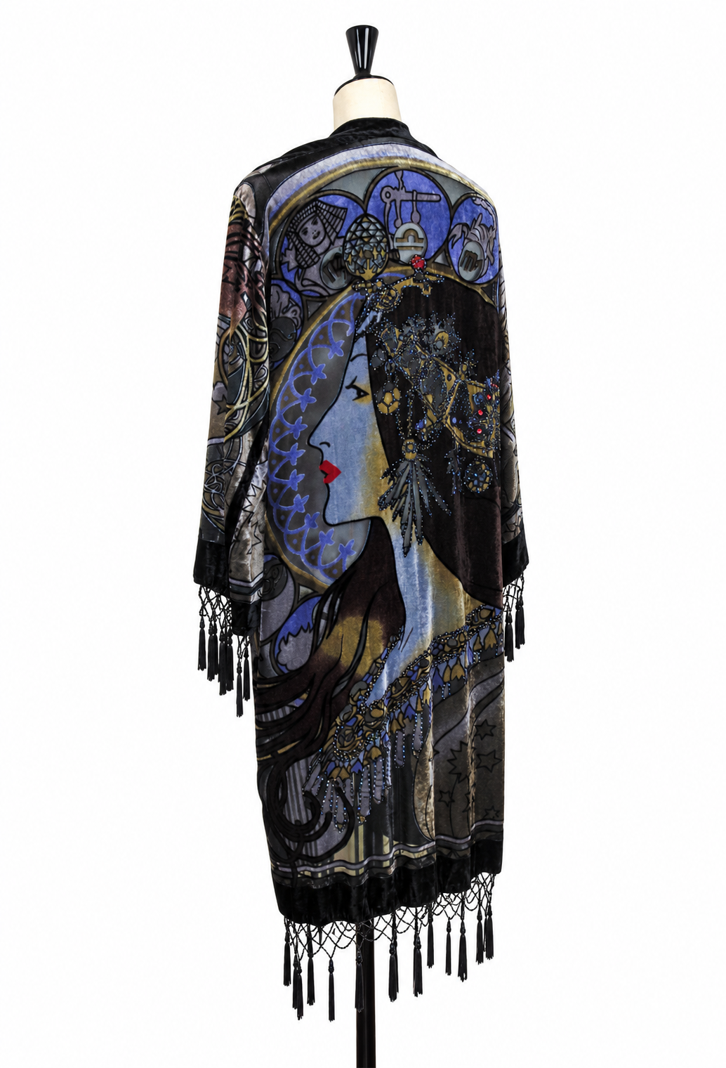 Noir velvet kimono with zodiac artwork, open front, and long tasseled fringes