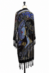 Noir velvet kimono with zodiac artwork, open front, and long tasseled fringes