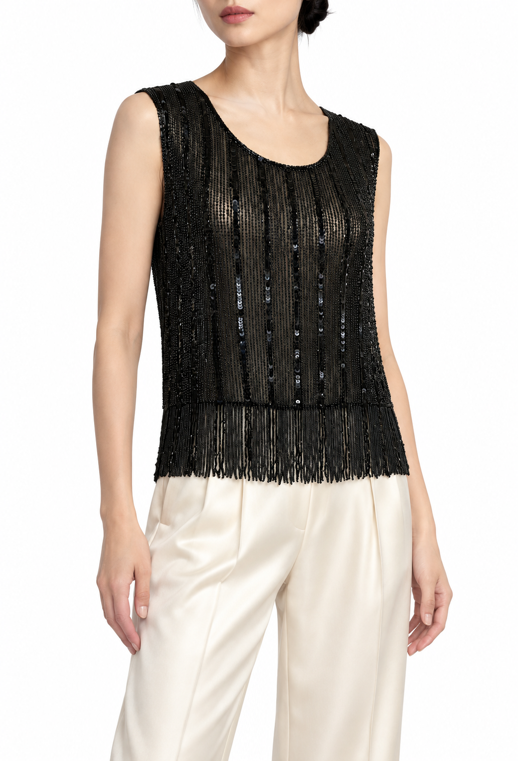 Black sleeveless beaded fringe top with round neck and vertical bead stripes