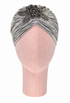 Platinum lamé turban with jeweled floral embellishment
