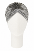 Platinum lamé turban with ruched front and beaded floral embellishment