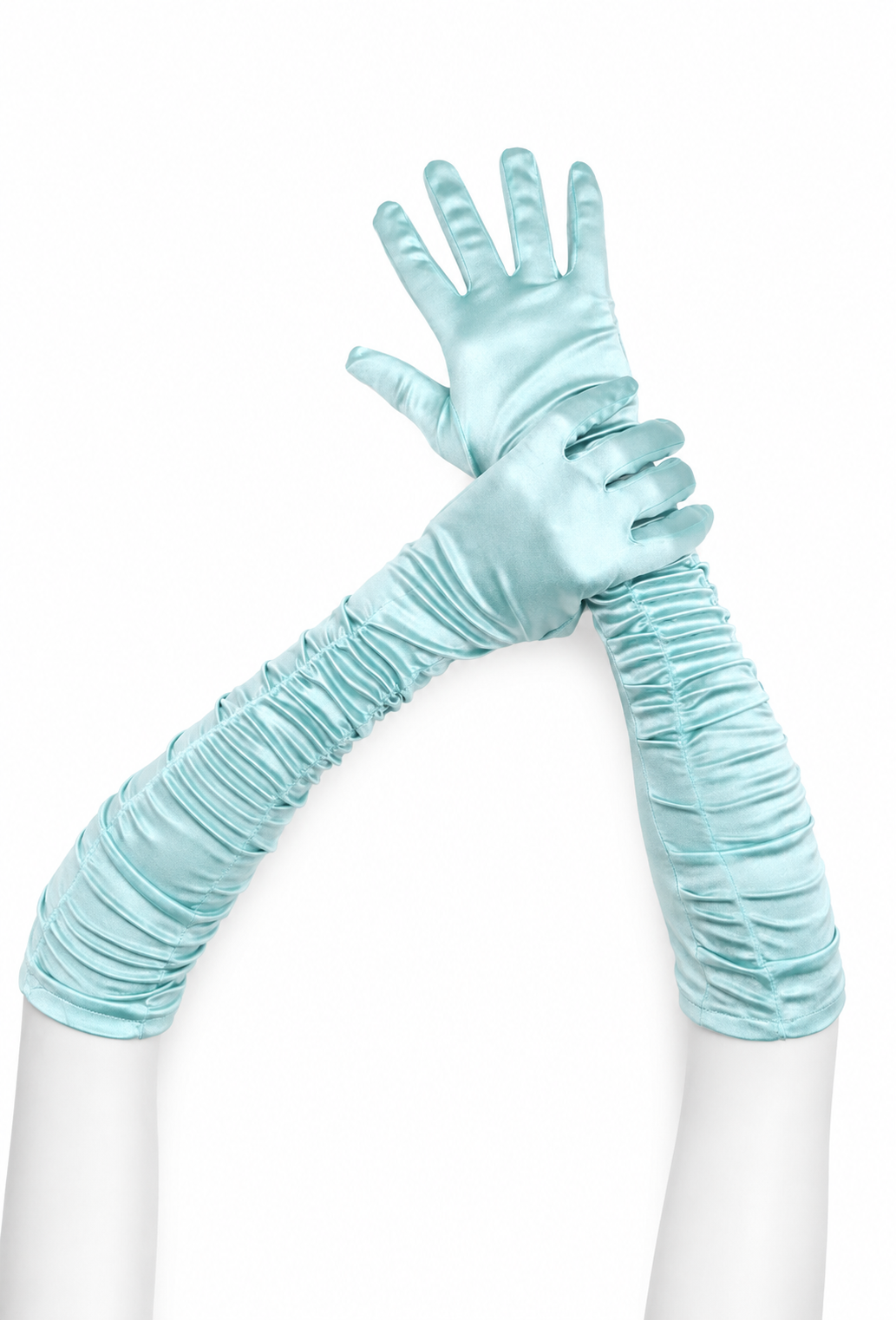 Aqua ruched satin opera gloves with ruched cuffs and fingered design