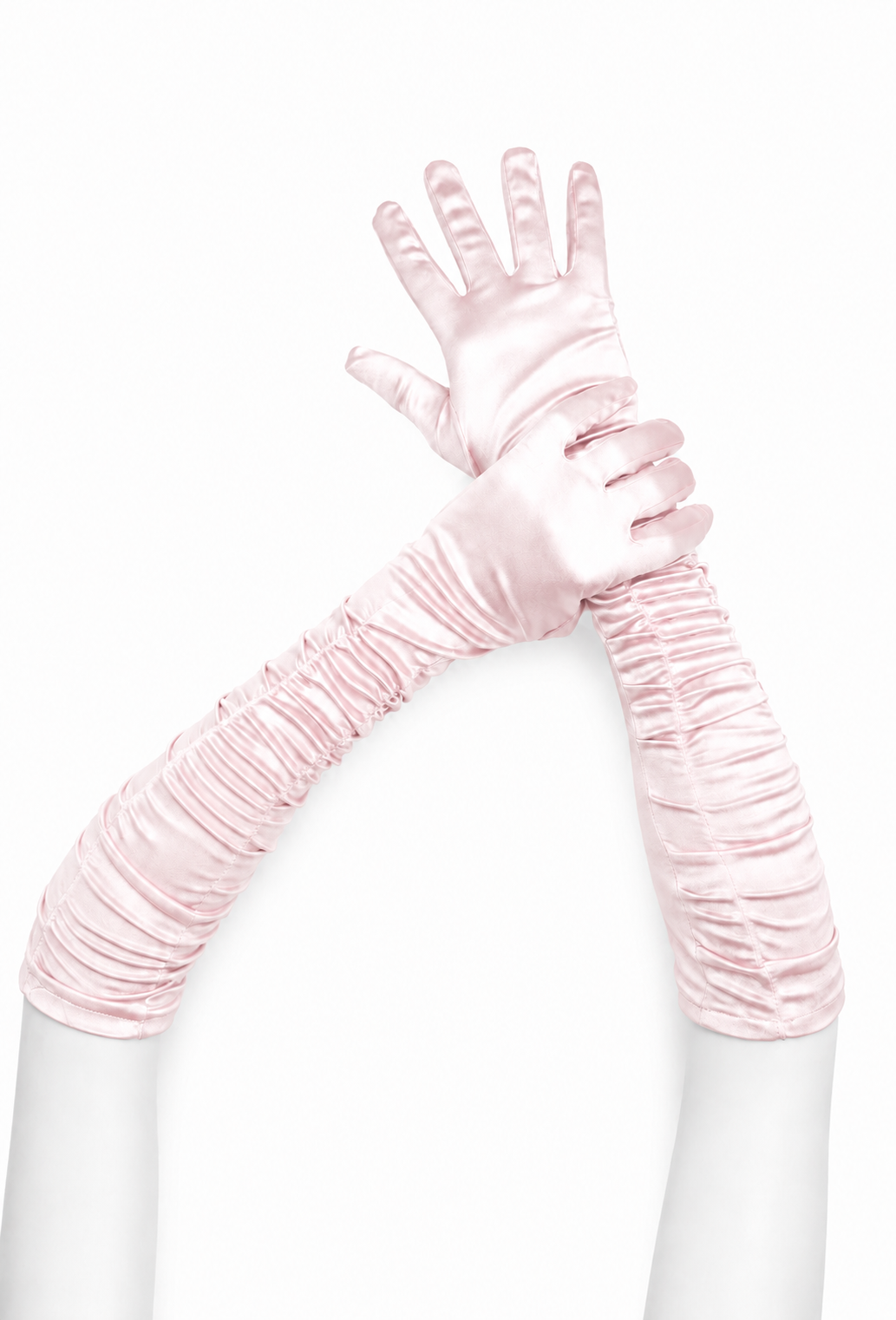 Pink ruched satin opera gloves with gathered cuffs and fingerless-style silhouette