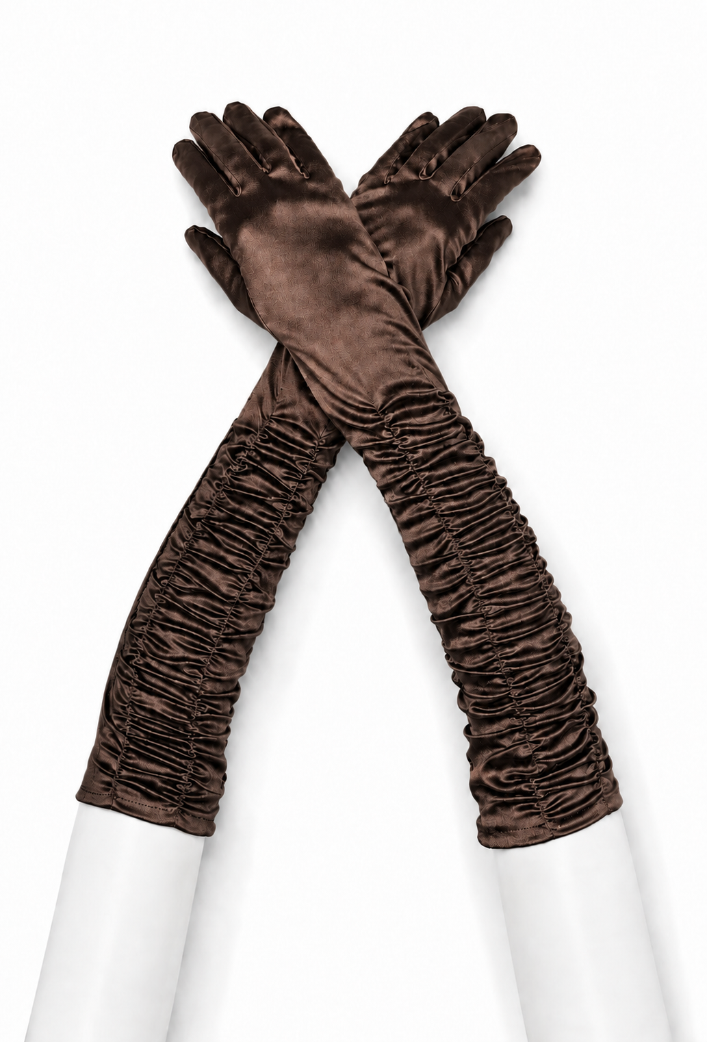 Espresso-brown ruched satin opera gloves with gathered cuffs and fingered design