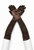 Espresso-brown ruched satin opera gloves with gathered cuffs and fingered design