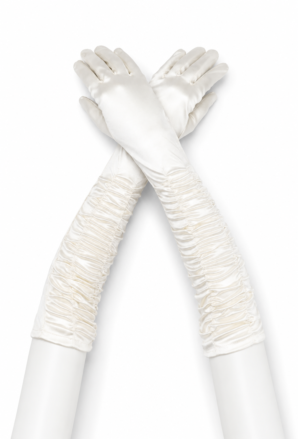 Ivory ruched satin opera gloves with long gathered sleeves and fitted hand openings