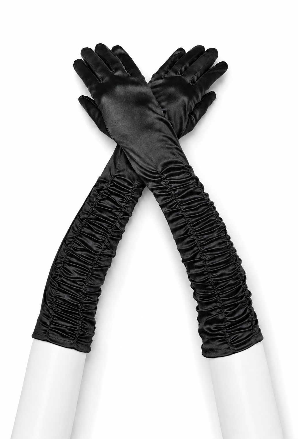 Ruched satin opera gloves in dark black with hand-gathered detail