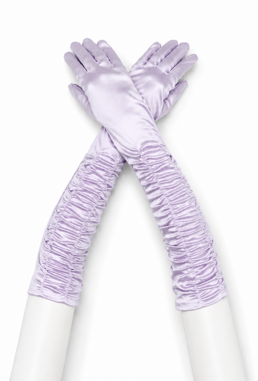 Lavender satin opera gloves with ruched detailing and gathered cuffs