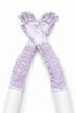 Lavender satin opera gloves with ruched detailing and gathered cuffs