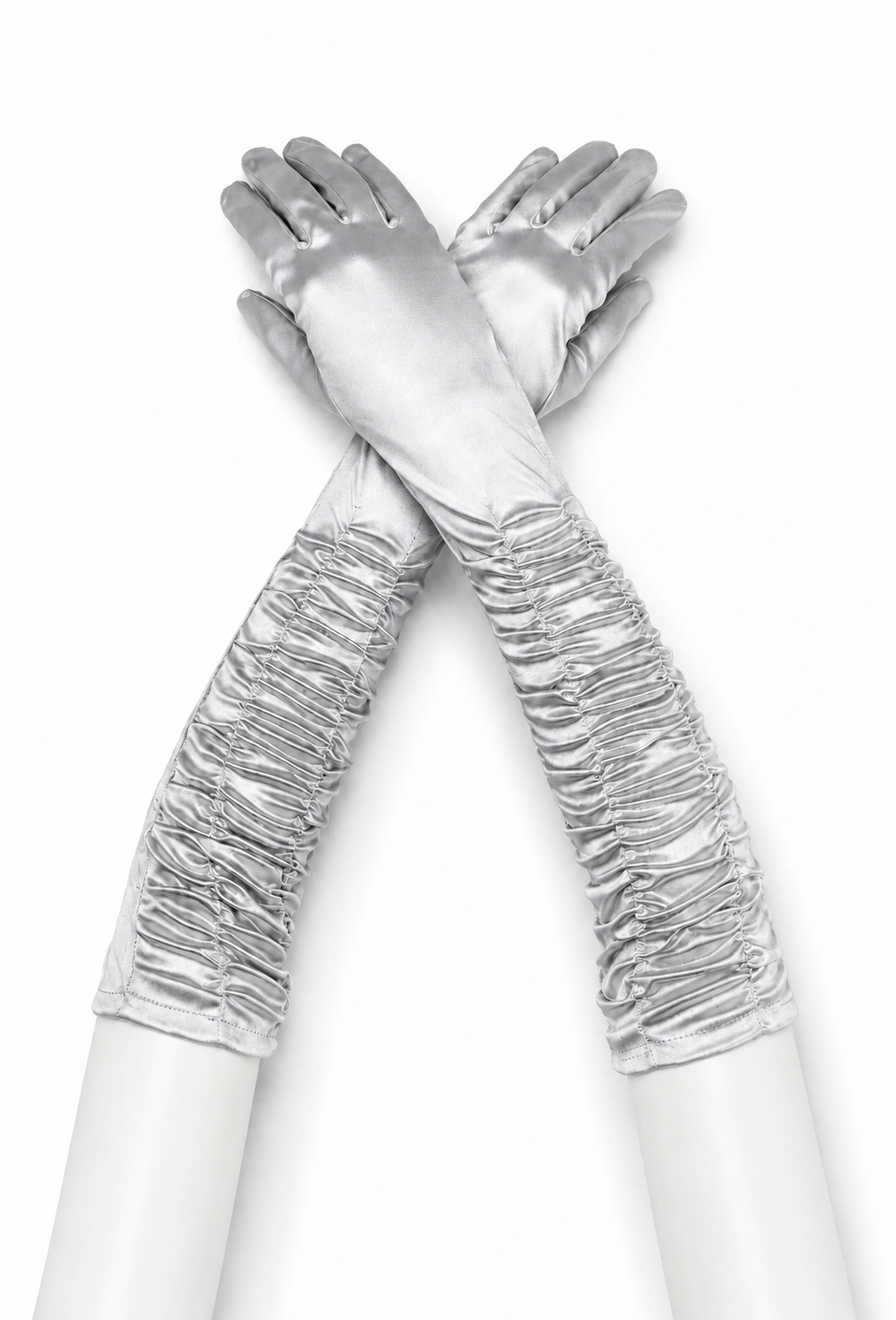 Moonlight silver ruched satin opera gloves, long fit with gathered cuffs and fingers
