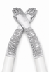 Moonlight silver ruched satin opera gloves, long fit with gathered cuffs and fingers