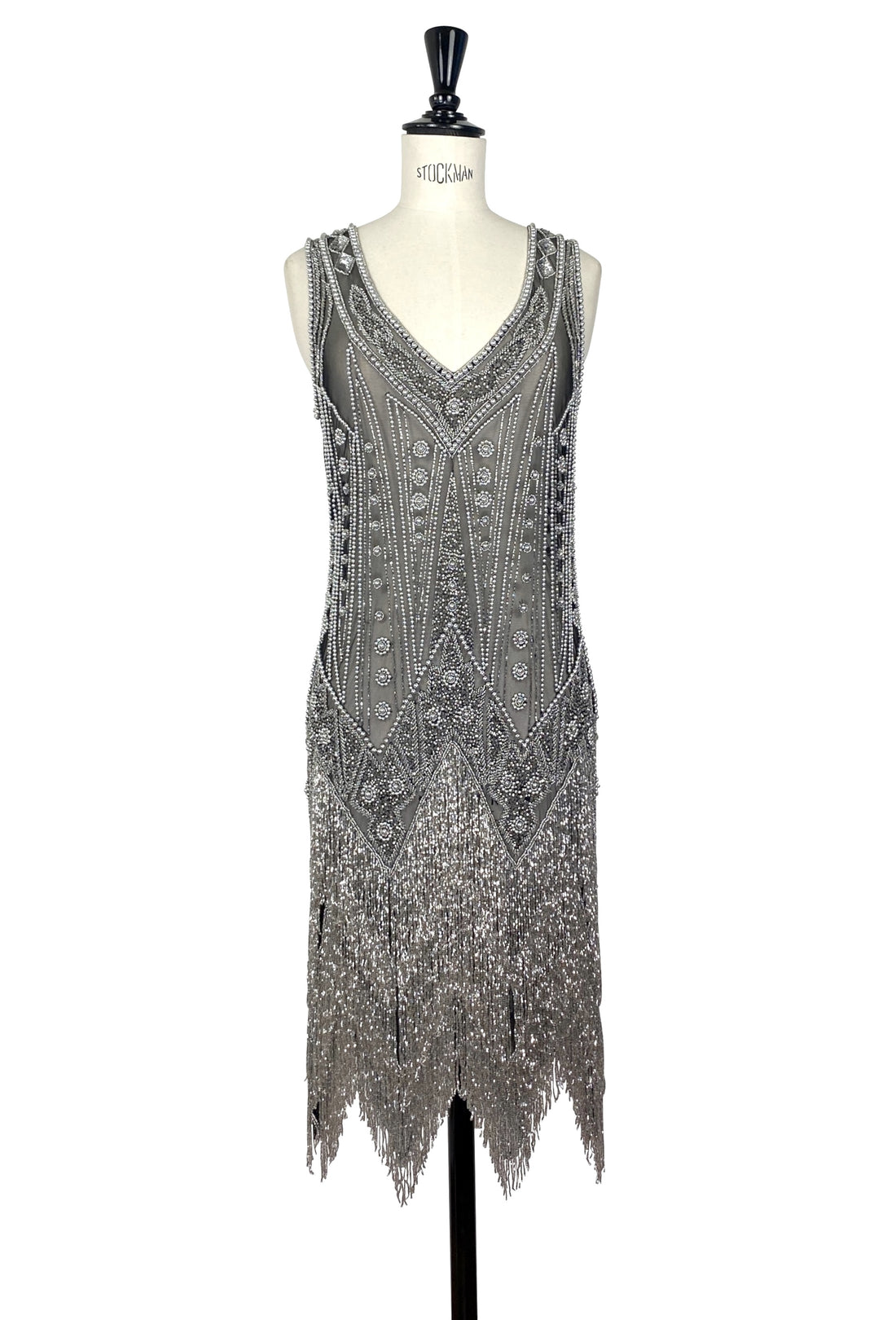 Embellished sleeveless V-neck evening gown with silver-toned beading and fringe hem.