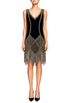 Sleeveless V-neck sequin dress with dark bodice and metallic fringe overlay