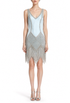 Opaline blue sleeveless V-neck beaded dress with silver fringe trim