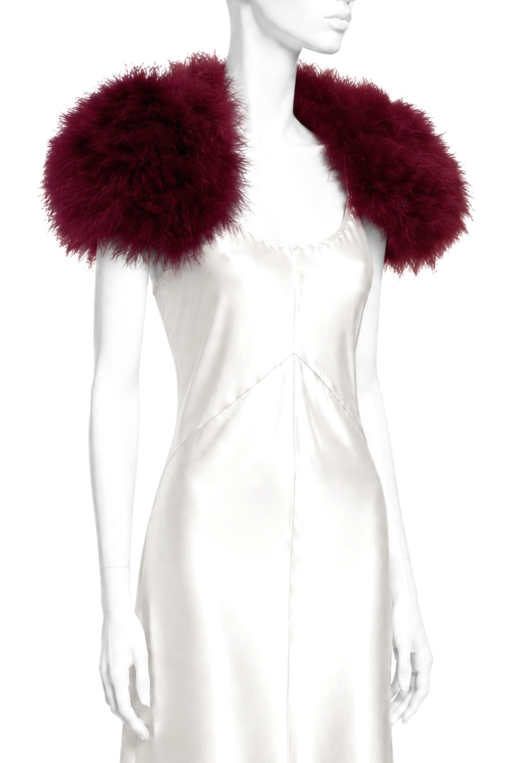 Bordeaux faux fur shoulderette wrap with feather-like plume at shoulders
