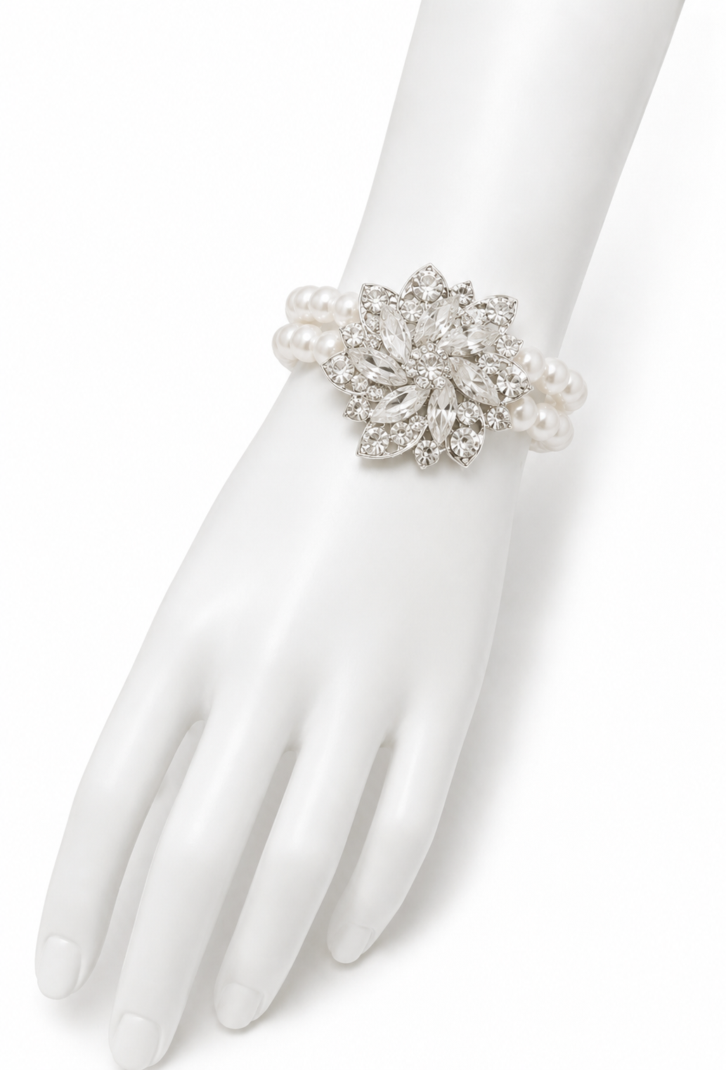 Palladium pearl bracelet with floral diamanté centerpiece