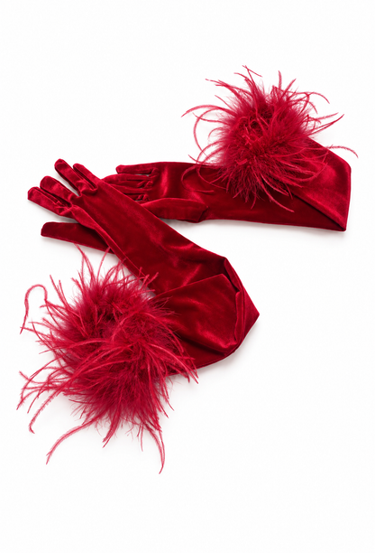 Red velvet opera gloves with long fingerless design and fluffy feather cuffs