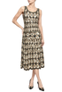 Sleeveless sequin midi dress, round neckline, fitted waist, shimmering multicolor pattern