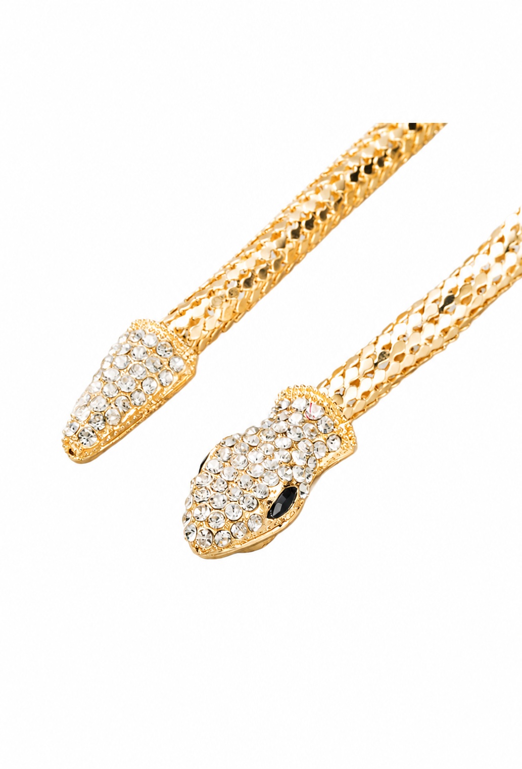 Gold mesh snake necklace with crystal-studded serpent head pendant