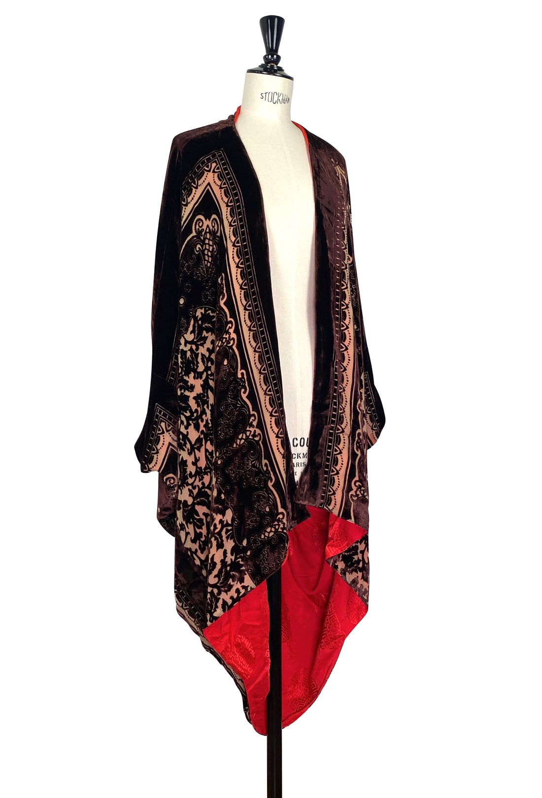 Silk velvet cocoon jacket, open front, brown patterned velvet with crimson side panels