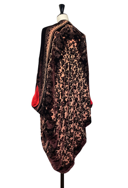Silk velvet cocoon jacket back view in dark brown with ornate gold pattern and crimson accents