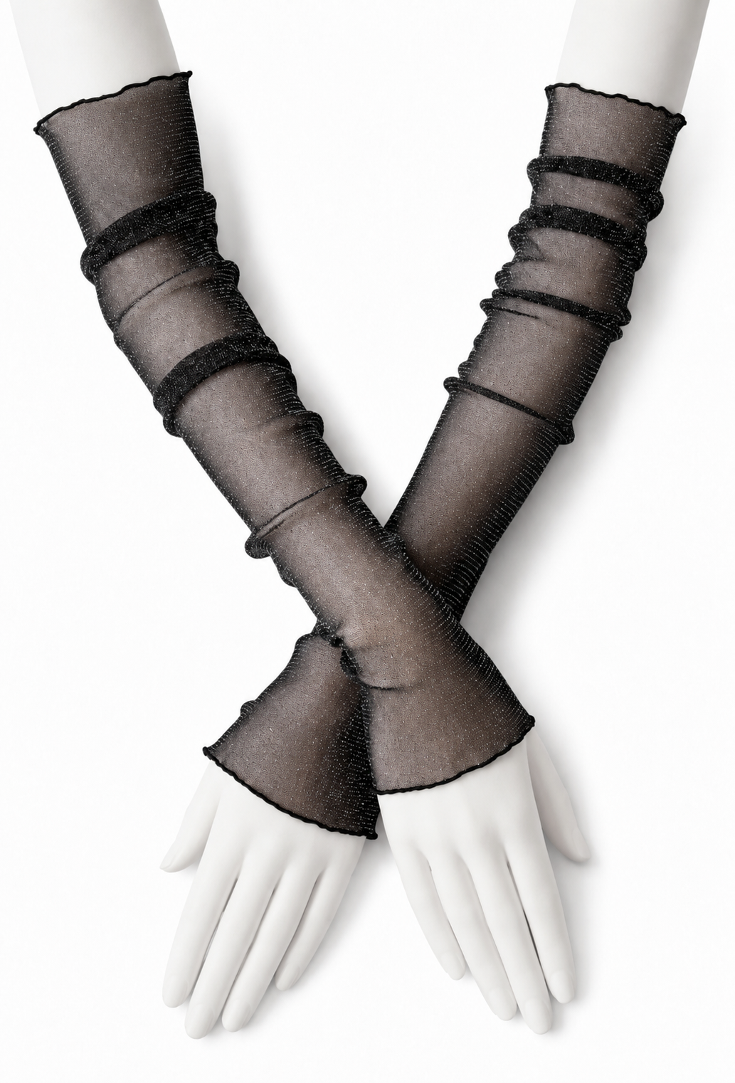 Black glitter mesh fingerless gloves with ruffled cuffs and gathered wrist detail