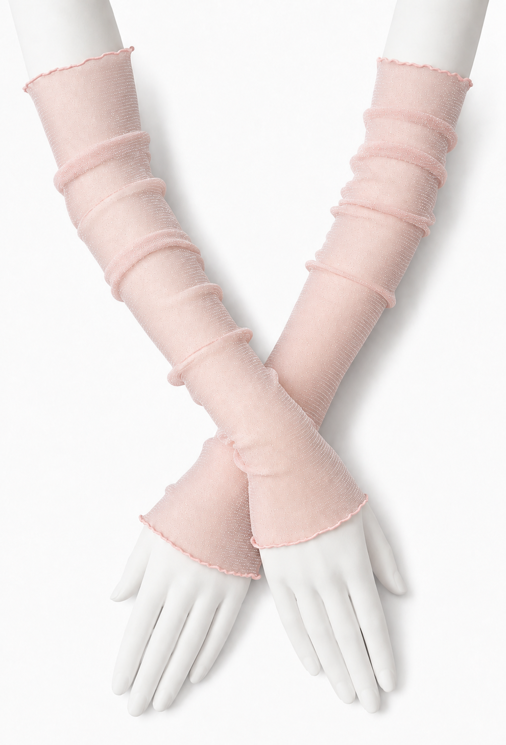 Rose glitter mesh gloves with flared cuffs and full finger coverage