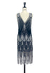 Noir sleeveless sequin gown with deep V neckline, art-deco fan pattern and fringe hem