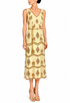 Sleeveless V-neck midi dress with gold and tan zigzag chevron pattern