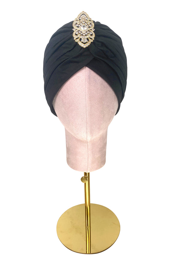 The Swanson 1920's Deco Evening Turban - Gold Deco Filigree