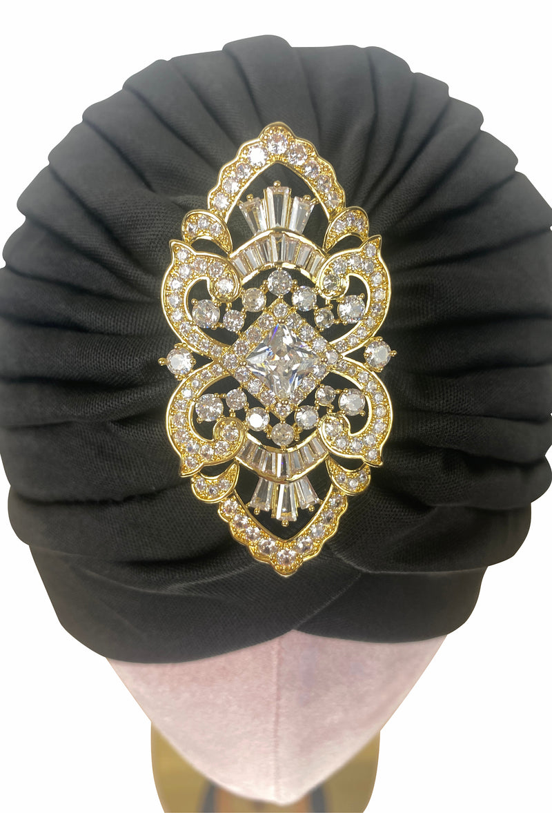 The Swanson 1920's Deco Evening Turban - Gold Deco Filigree