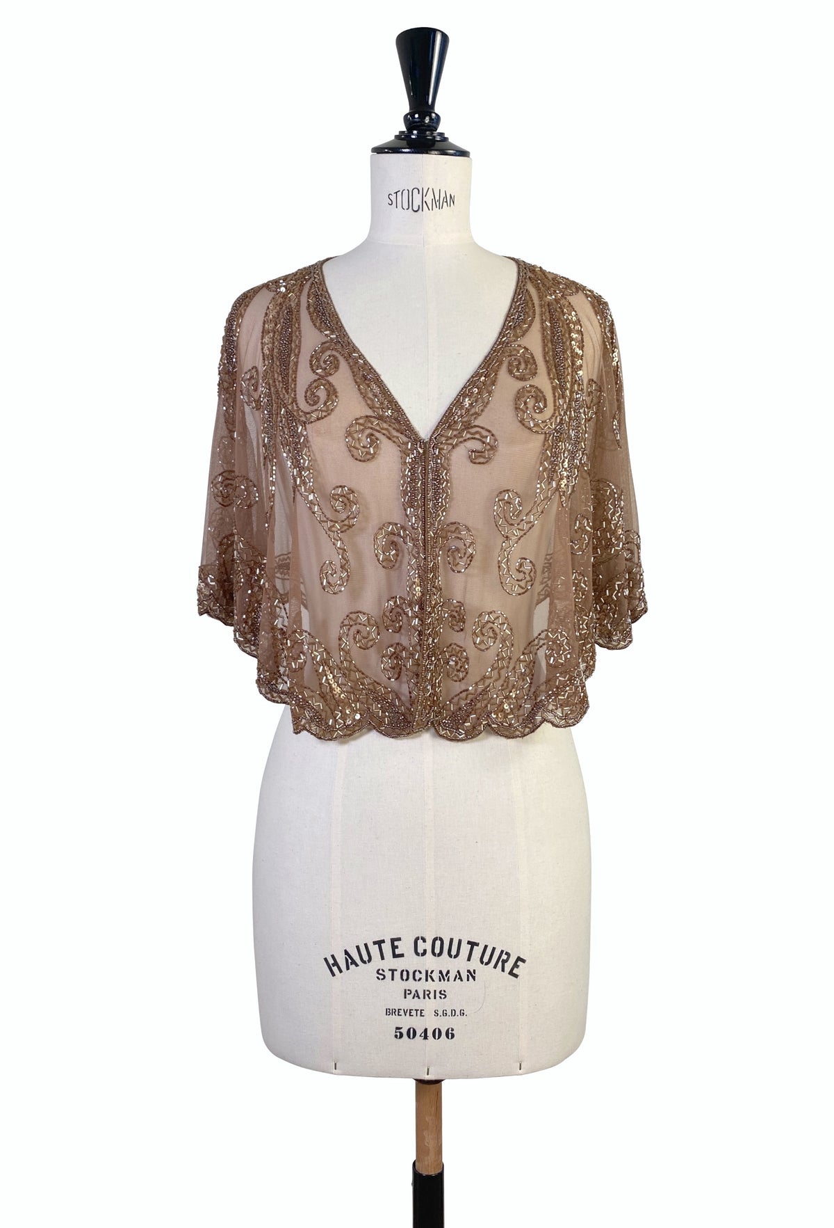 Antique bronze embroidered capelet with V-neck and scalloped hem, short sleeves