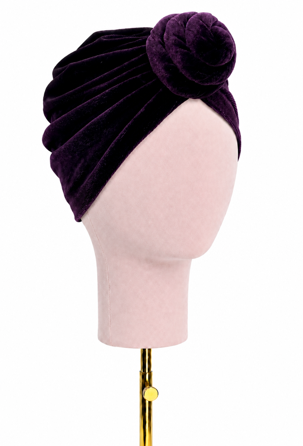 Velvet knotted turban with draped band in vintage plum-purple