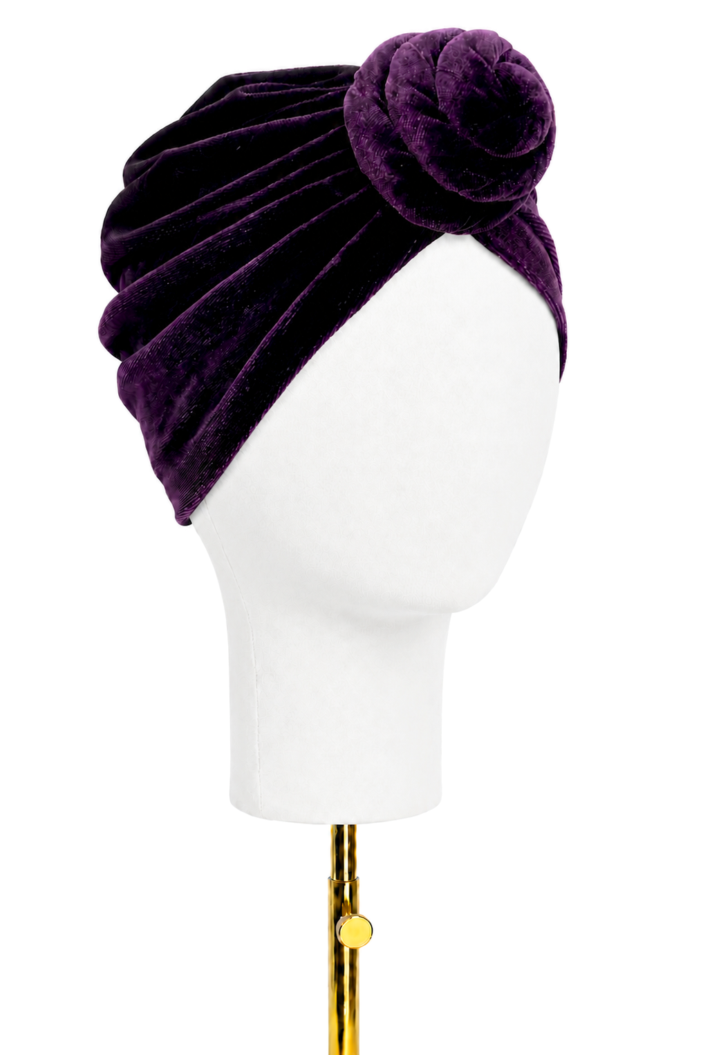 Plum purple velvet knotted turban hat with wrapped front and large side bow