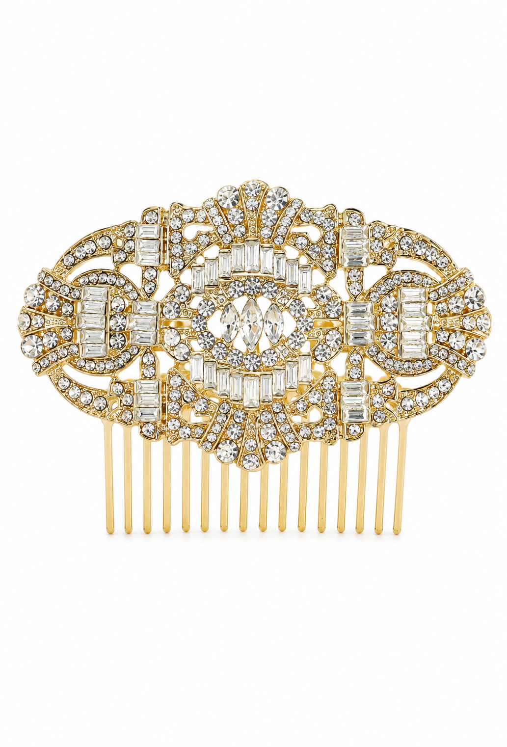 Gilded gold crystal hair comb with clear rhinestone oval center and geometric sparkle