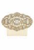 Gilded gold crystal hair comb with clear rhinestone oval center and geometric sparkle