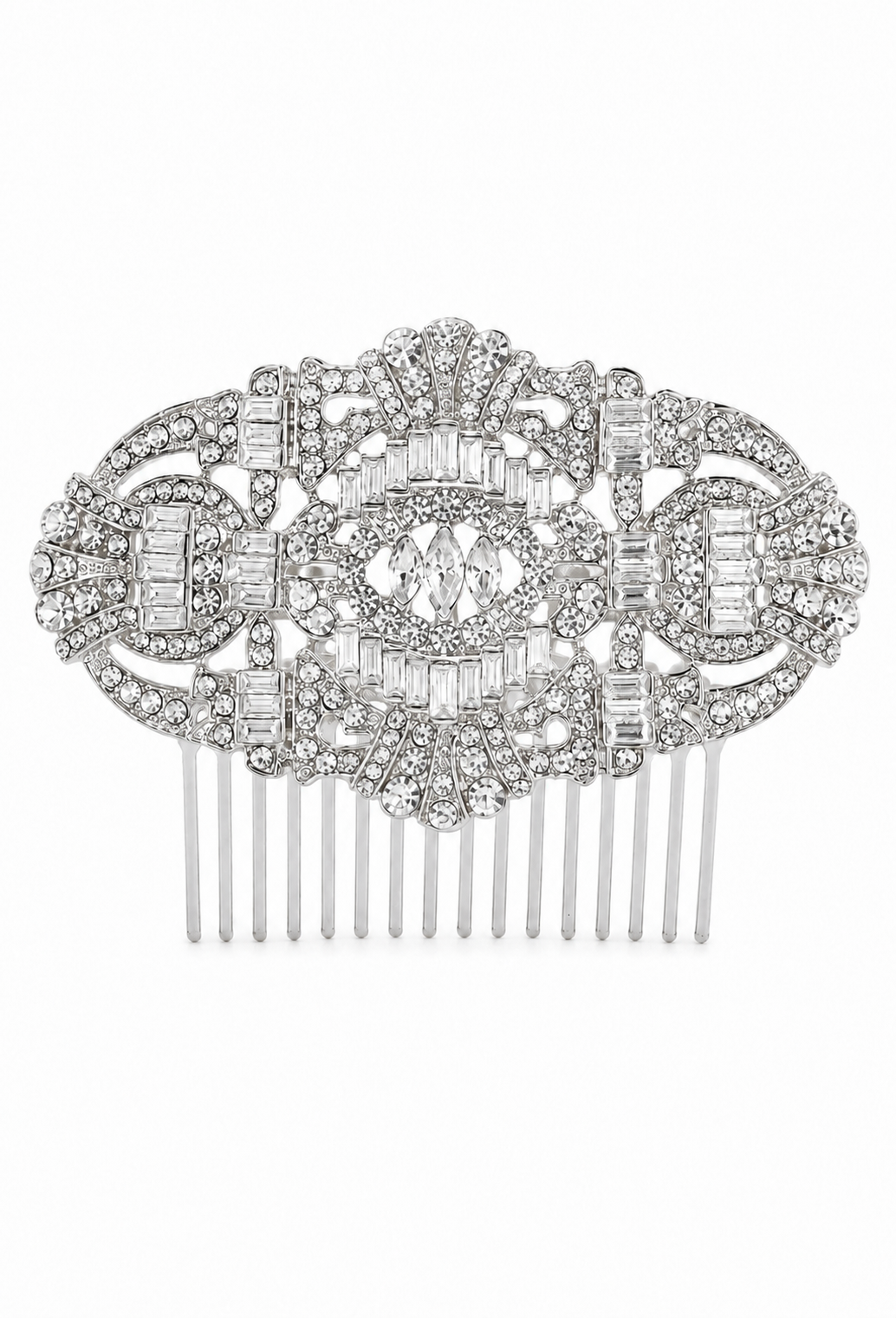 Palladium crystal hair comb with rectangular and round rhinestone accents, center oval