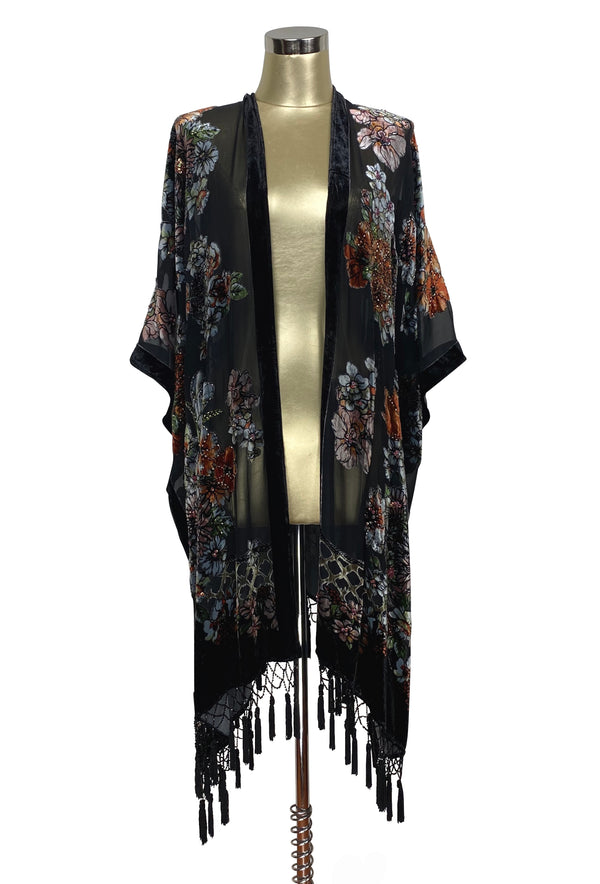 The Victorian Autumn Floral Silk Velvet Beaded Evening Wrap - Black