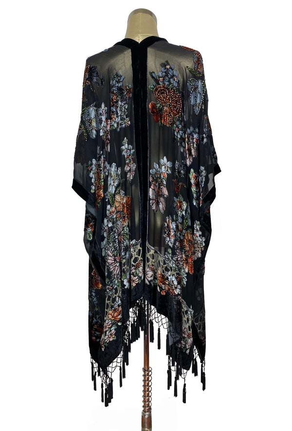 The Victorian Autumn Floral Silk Velvet Beaded Evening Wrap - Black