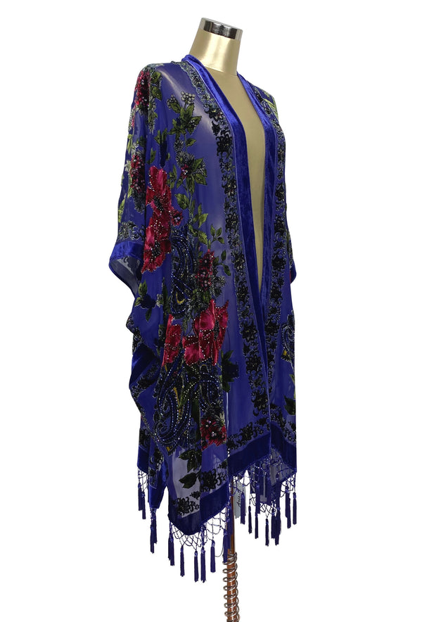 The Victorian Tropical Floral Silk Velvet Beaded Evening Wrap - Purple